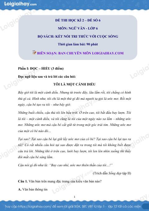 Đề thi học kì 2 Văn 6 Kết nối tri thức - Đề số 6